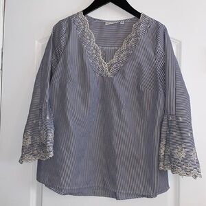 Rafaela Striped, V-Neck Bell-Sleeved Top with Embroidery, Size Medium